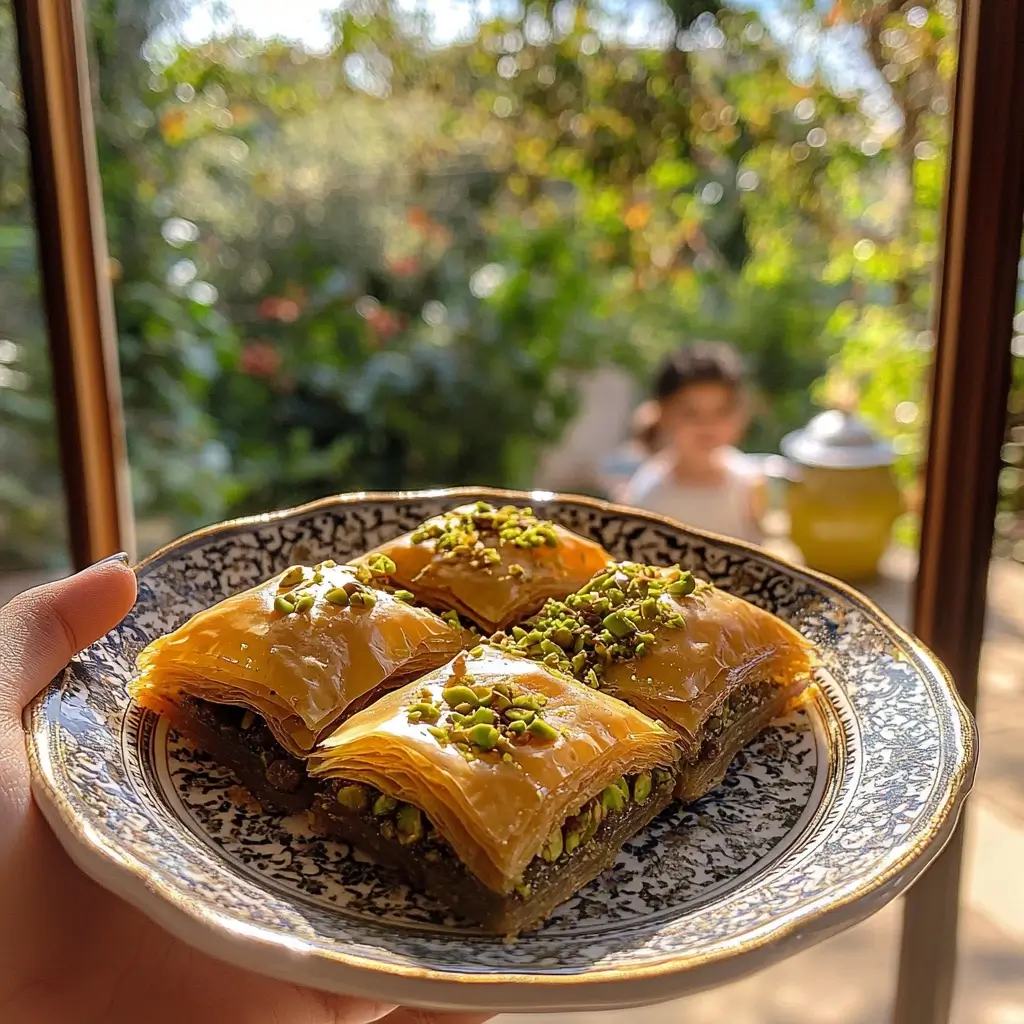 Aufgeschnittenes Baklava Rezept mit sichtbaren Nuss-Schichten