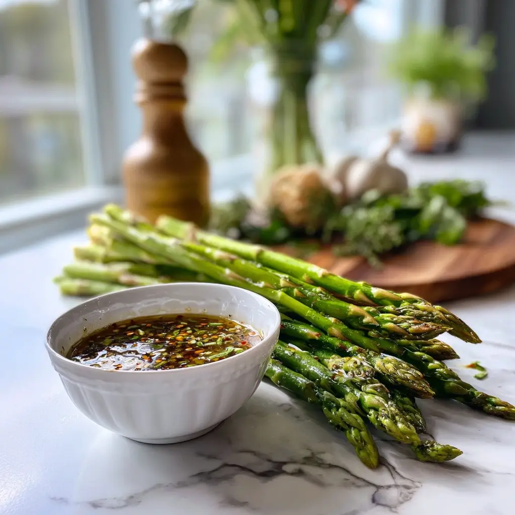 Aromatische Marinade für Spargel Rezepte in Schale neben frischem grünem Spargel.