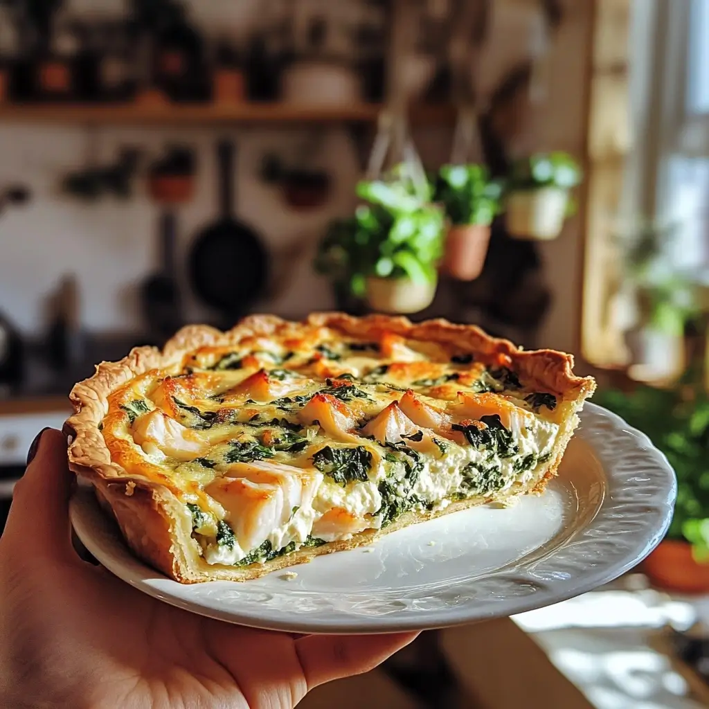 Goldbraune Lachs-Quiche mit Spinat und cremiger Füllung auf weißem Teller