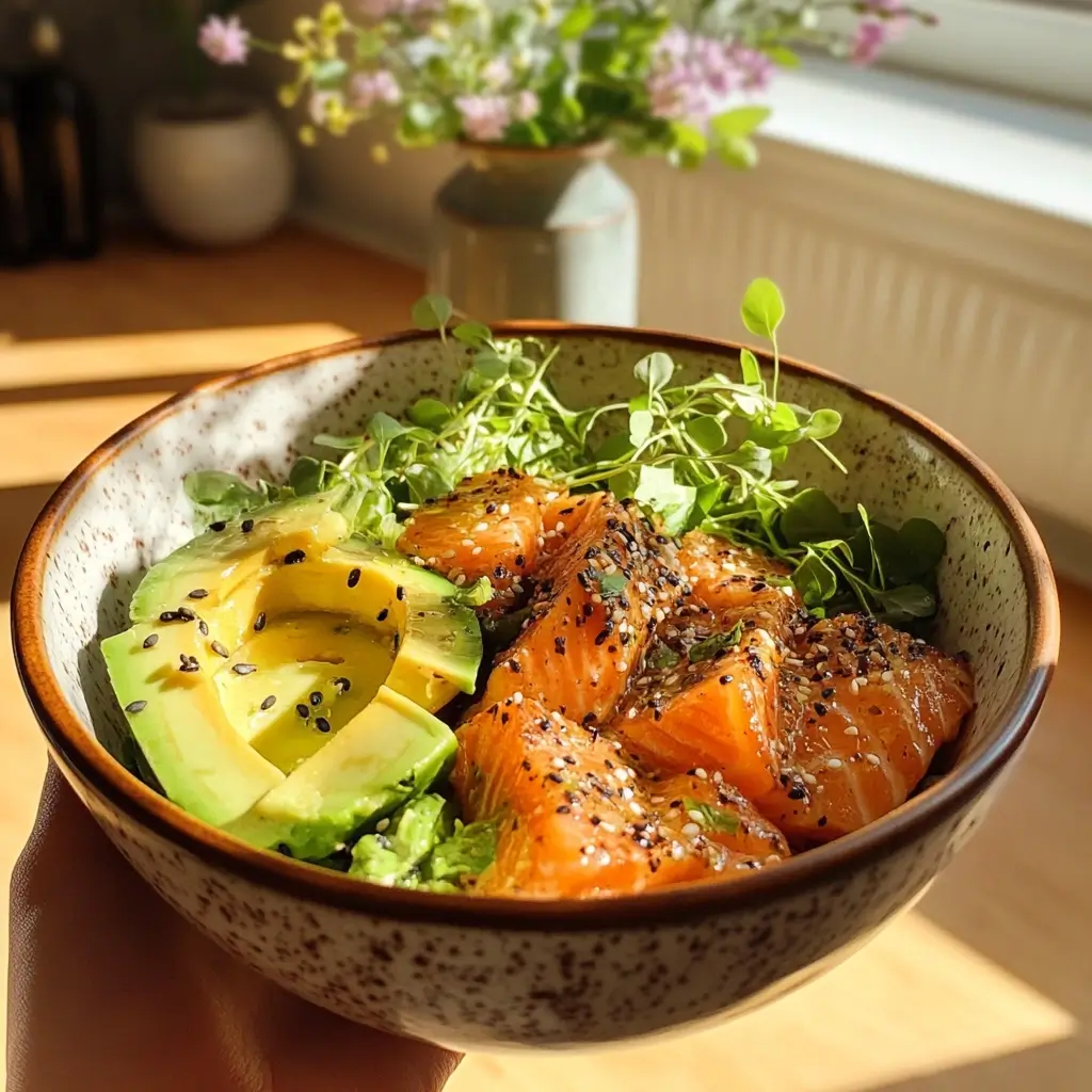 Bunter Lachs-Salat mit Gurke, Dill und Zitrone in Keramikschüssel