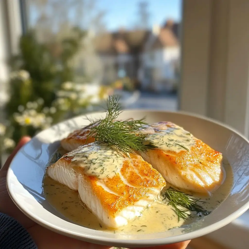 Lachsfilet mit Zitronen-Dill-Sauce auf weißem Teller in heller Küche serviert