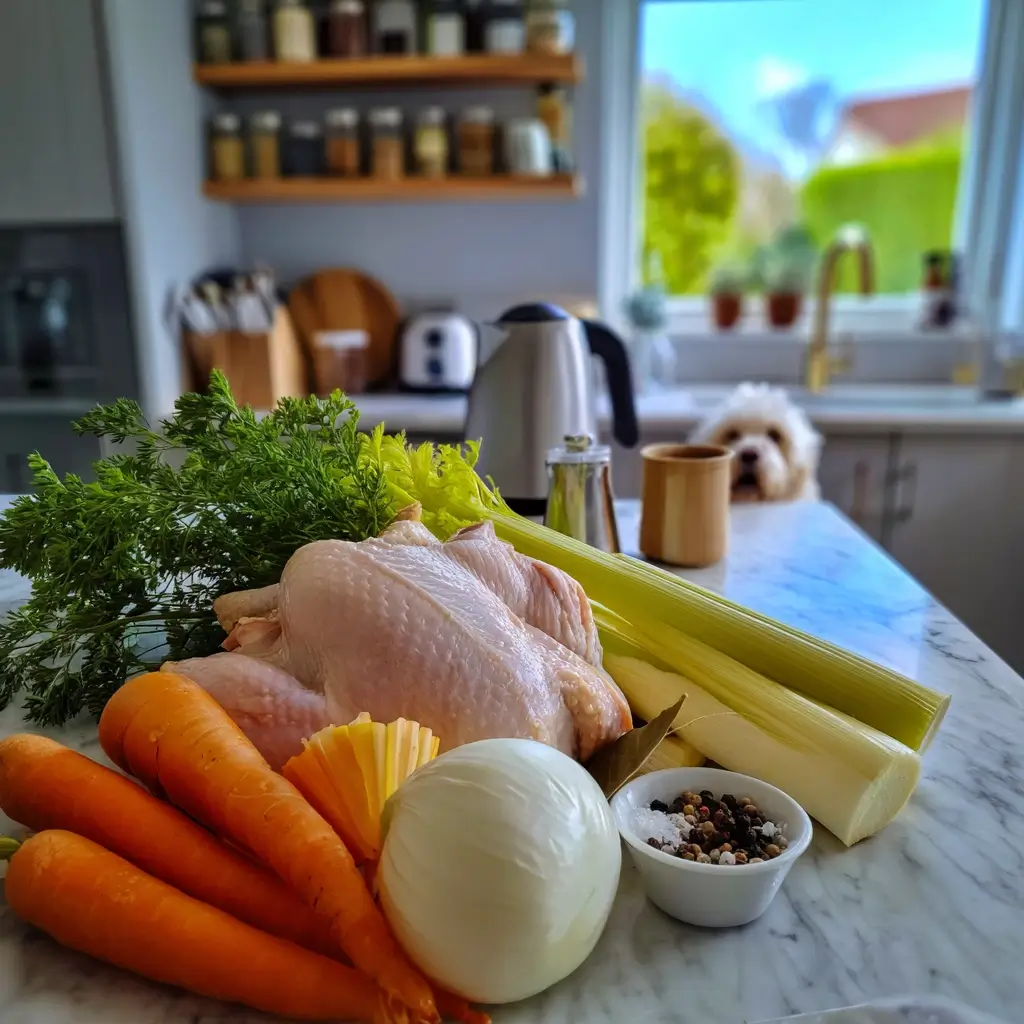 Frische Zutaten für ein Hühnersuppe Rezept – Suppenhuhn, Karotten, Sellerie, Lauch und Petersilie.
