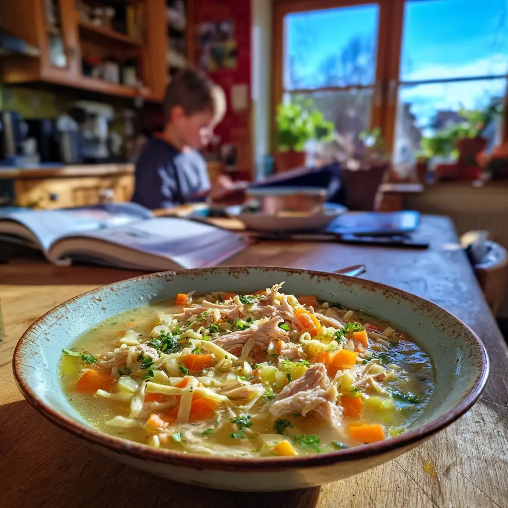 Hühnersuppe Rezept in einem Einmachglas aufbewahrt, bereit für den nächsten Tag.