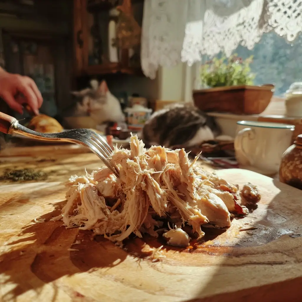 Zartes Hühnerfleisch wird für das Hühnersuppe Rezept mit einer Gabel vom Knochen gelöst.