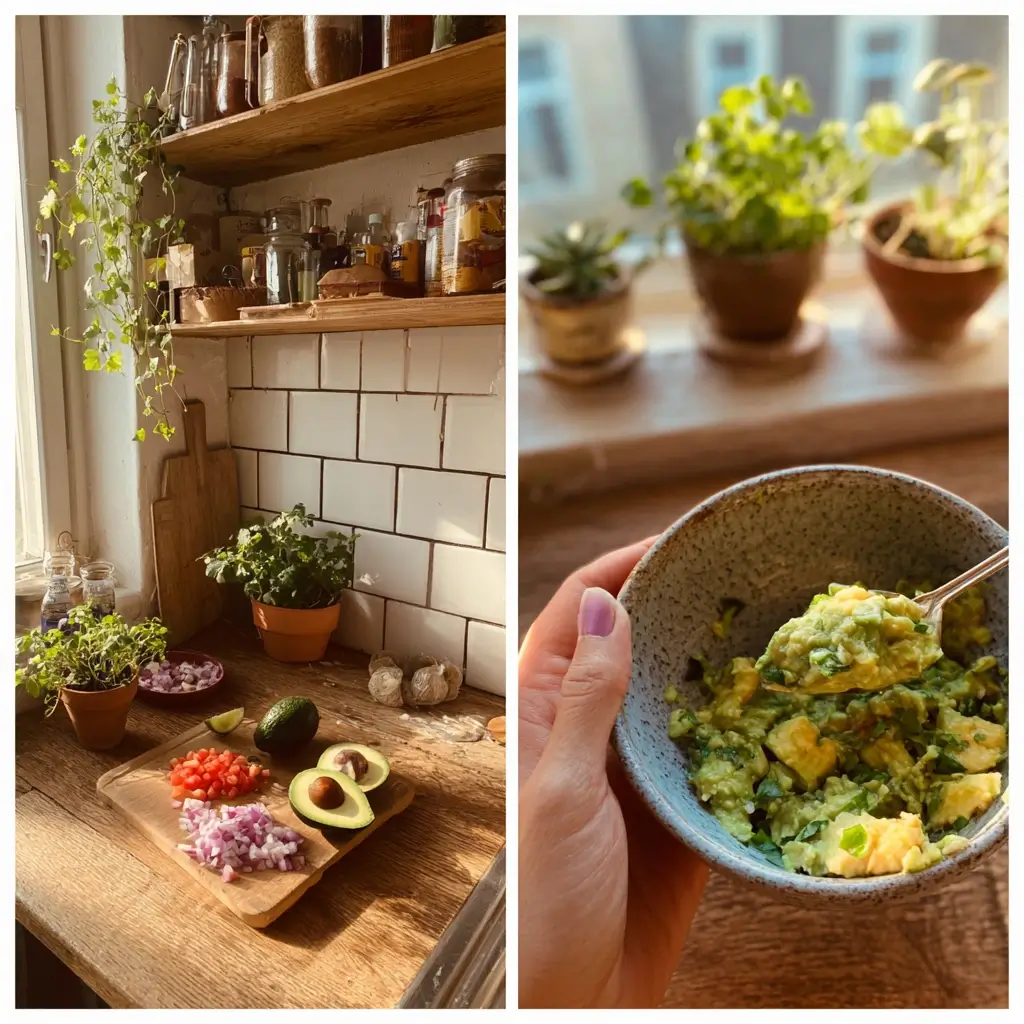 Frische Zutaten für ein klassisches Guacamole Rezept auf einem Holzbrett mit Avocado, Limette und Koriander