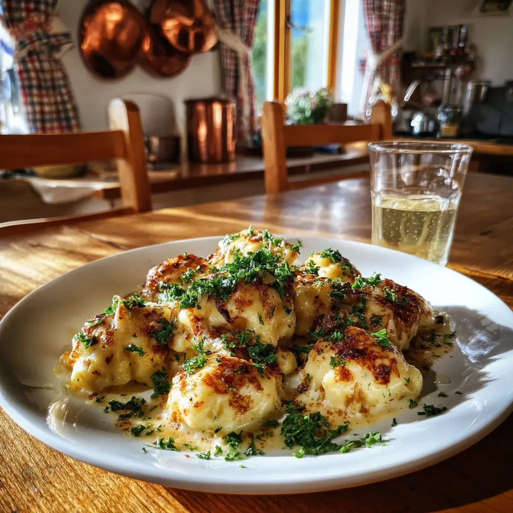 Eiernockerl Rezept serviert in einer rustikalen Schüssel mit Petersilie