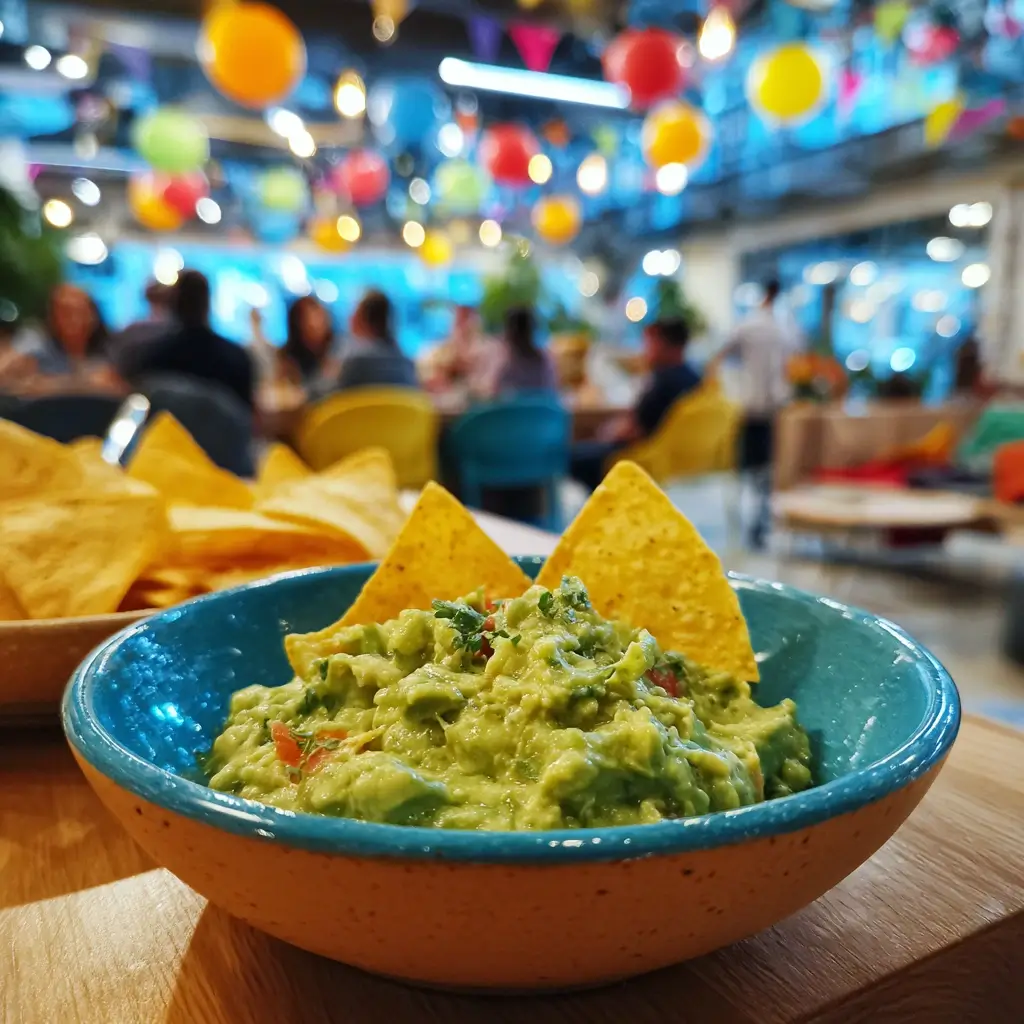 Guacamole Rezept in einer dekorativen Schale mit Tomaten, Zwiebeln und Limetten serviert