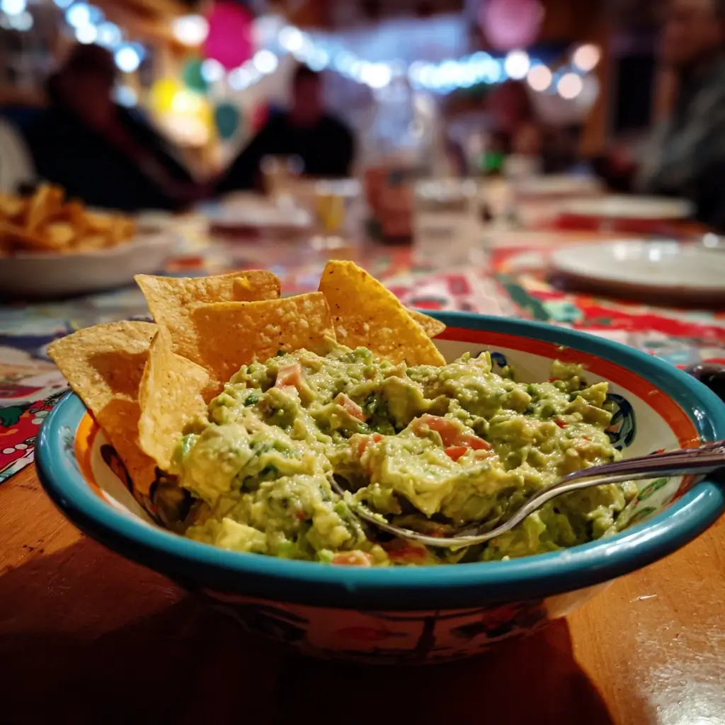 Guacamole Rezept serviert bei einer Party mit buntem Ambiente