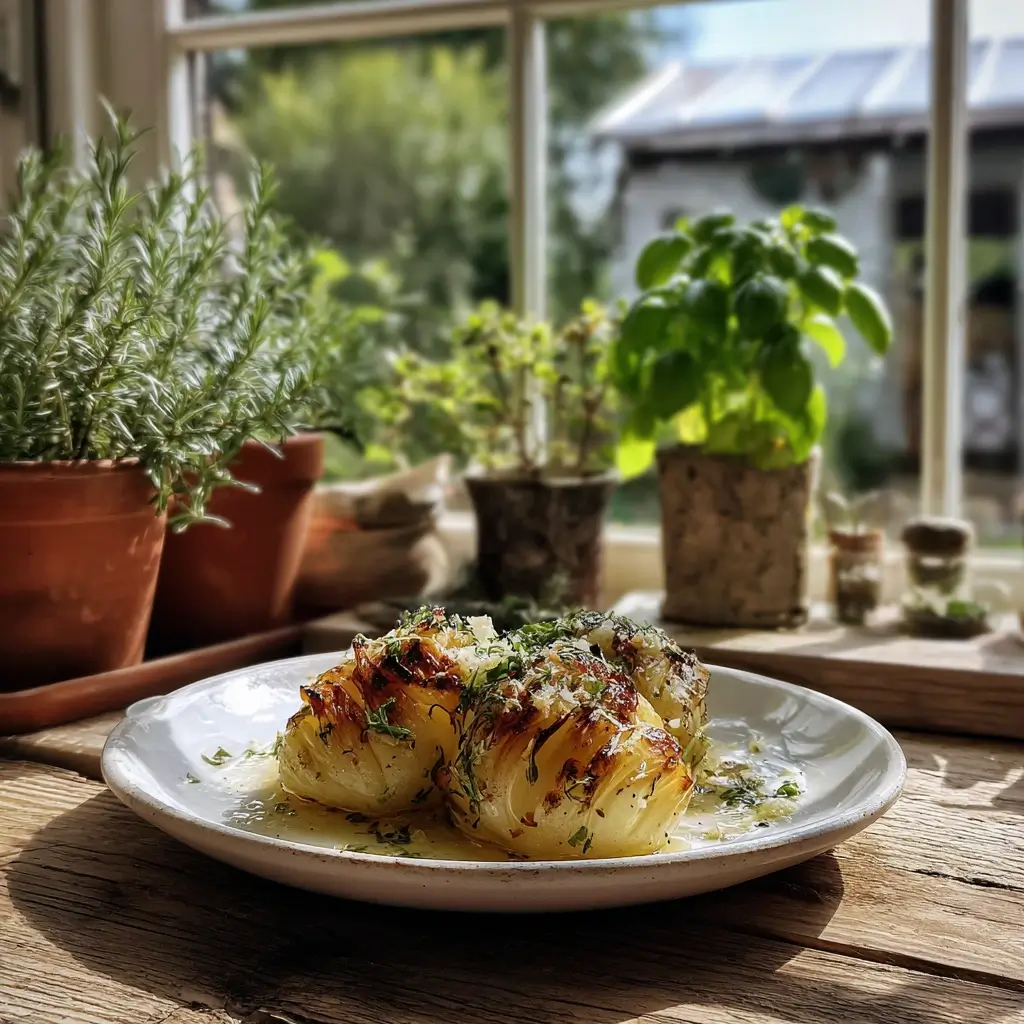 Ofengerösteter Fenchel mit Parmesan auf weißem Teller – Fenchel Rezepte