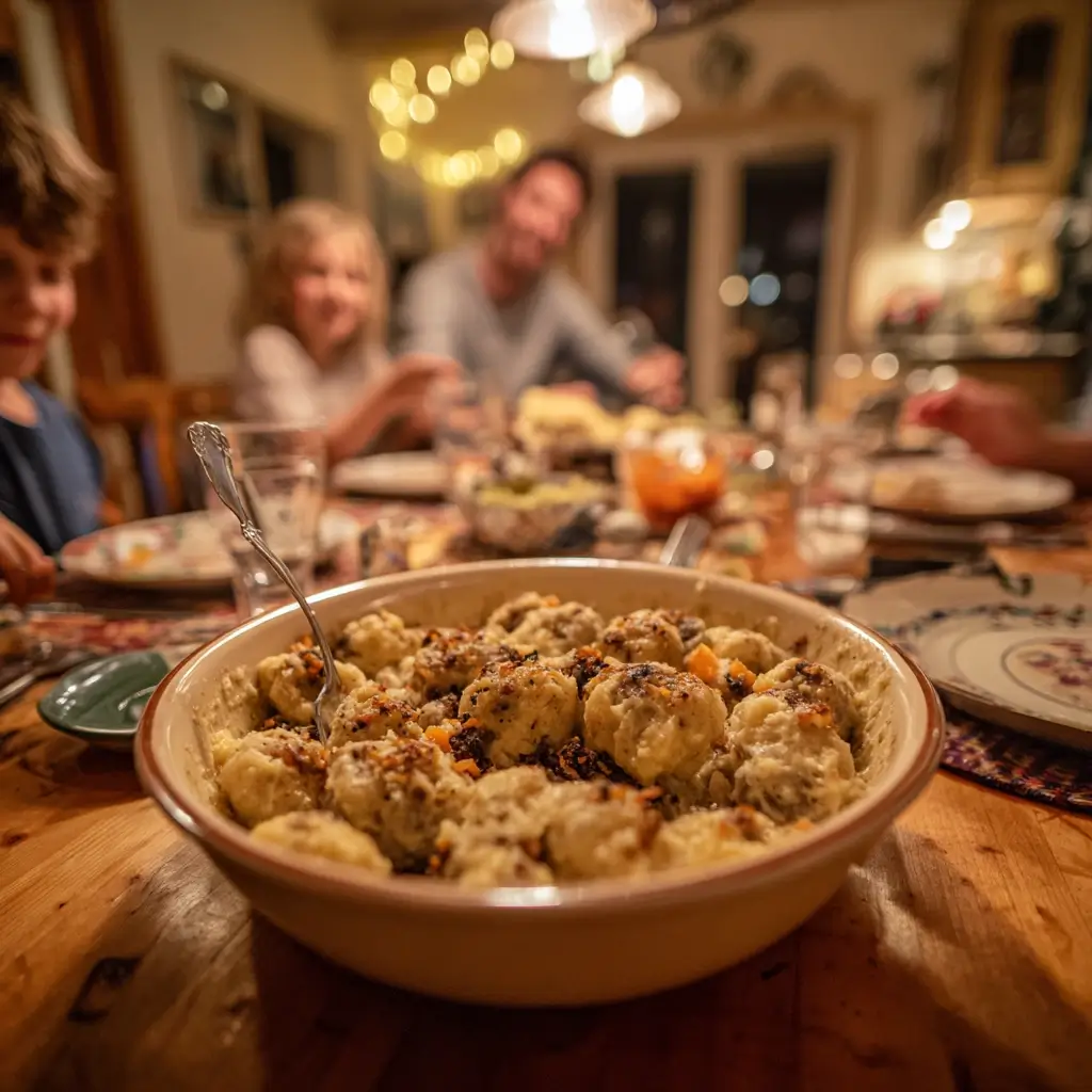 Großes Eiernockerl Rezept auf Tisch mit Familie im Hintergrund
