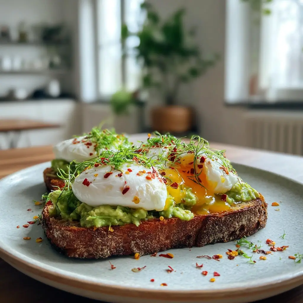 Guacamole Rezept auf geröstetem Brot mit pochiertem Ei und Chili