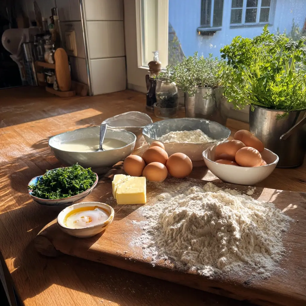 Zutaten für Eiernockerl Rezept auf einem Holzbrett angerichtet