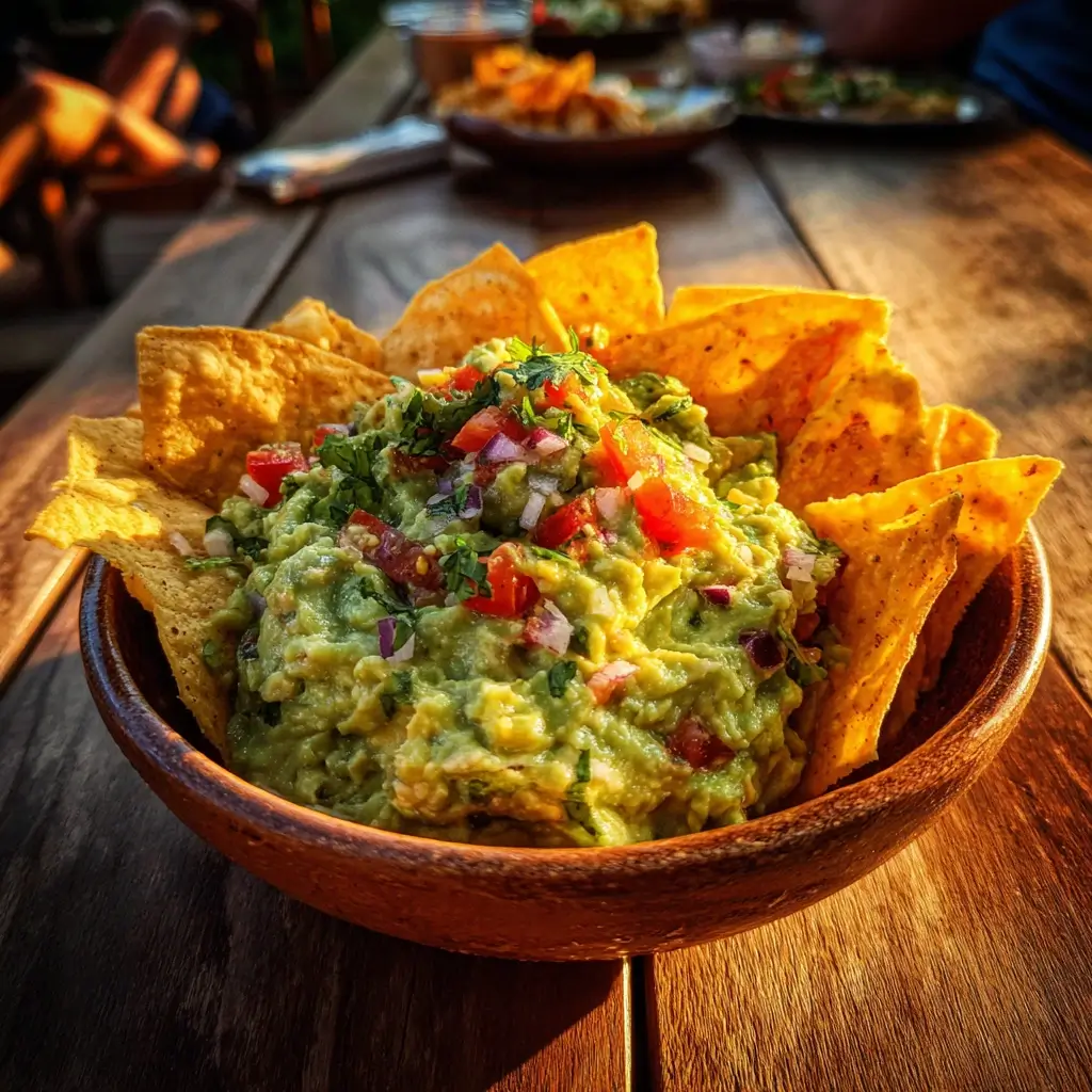 Guacamole Rezept zusammen mit Tacos und Limetten auf einem dunklen Teller