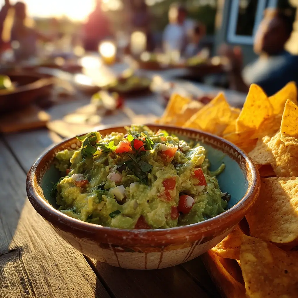 Guacamole Rezept auf einem Holztisch, umgeben von Freunden in gemütlicher Atmosphäre
