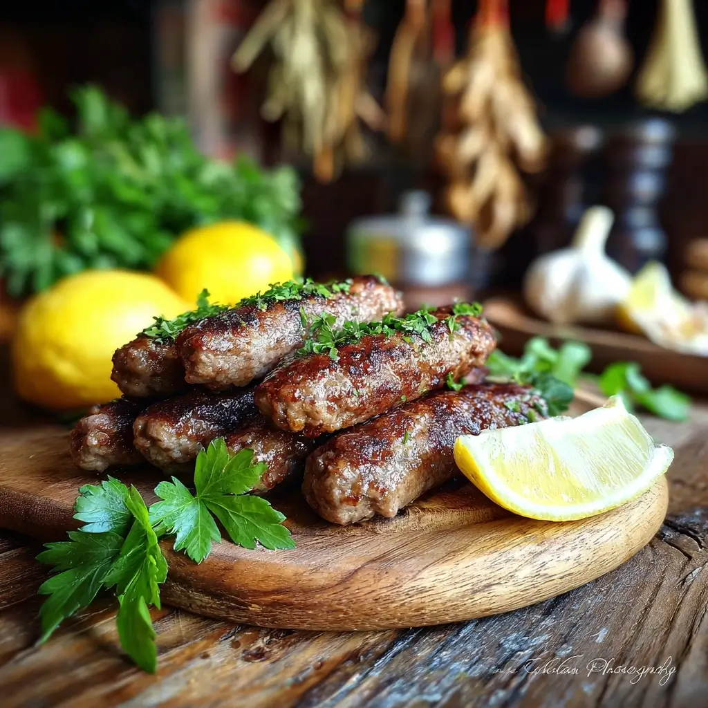 Cevapcici Rezept angerichtet auf Holzbrett mit Zitrone und Petersilie