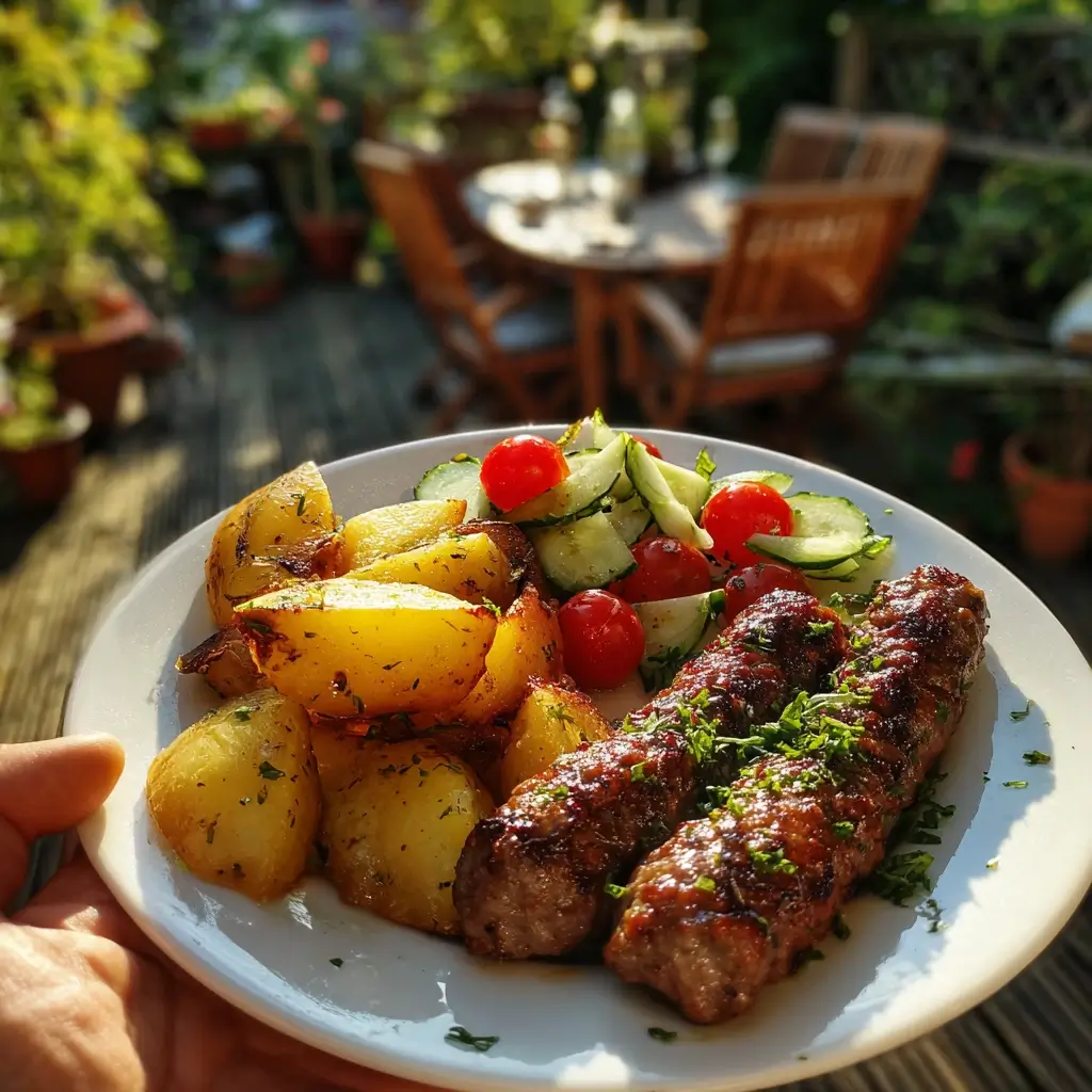 Cevapcici Rezept serviert mit Kartoffeln und frischem Salat