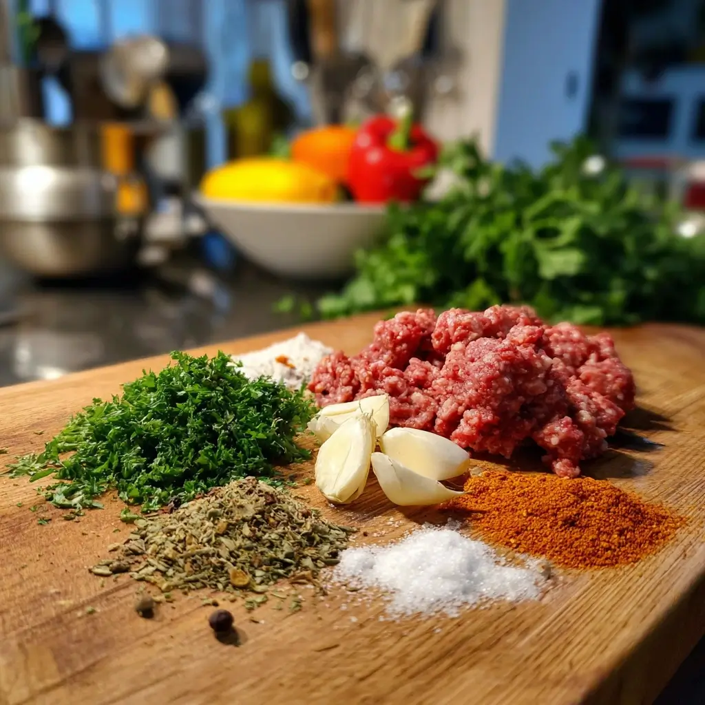 Zutaten für Cevapcici Rezept – Rindfleisch, Gewürze, Knoblauch