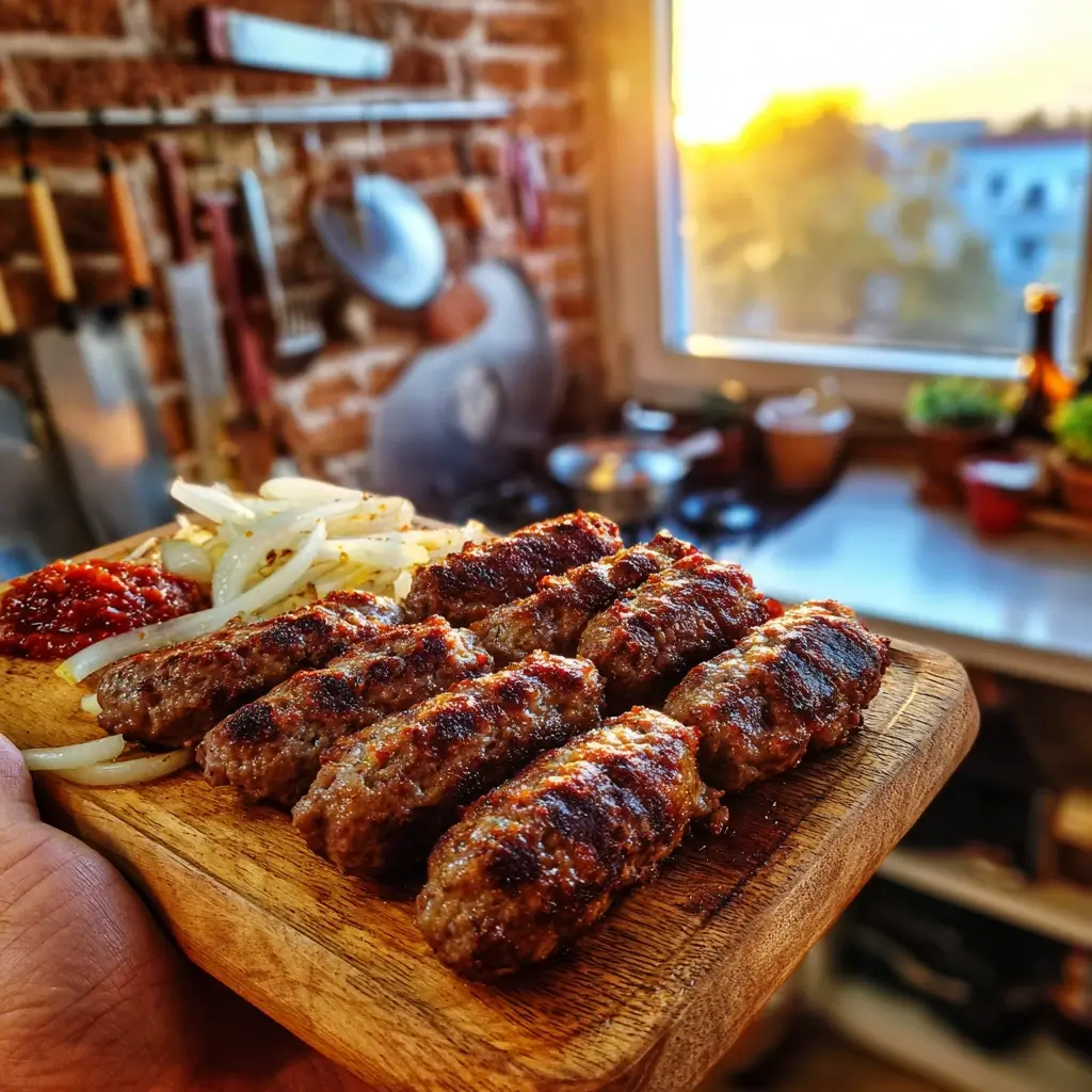 Frisch gegrillte Cevapcici Rezept mit Rauch und Dampf serviert