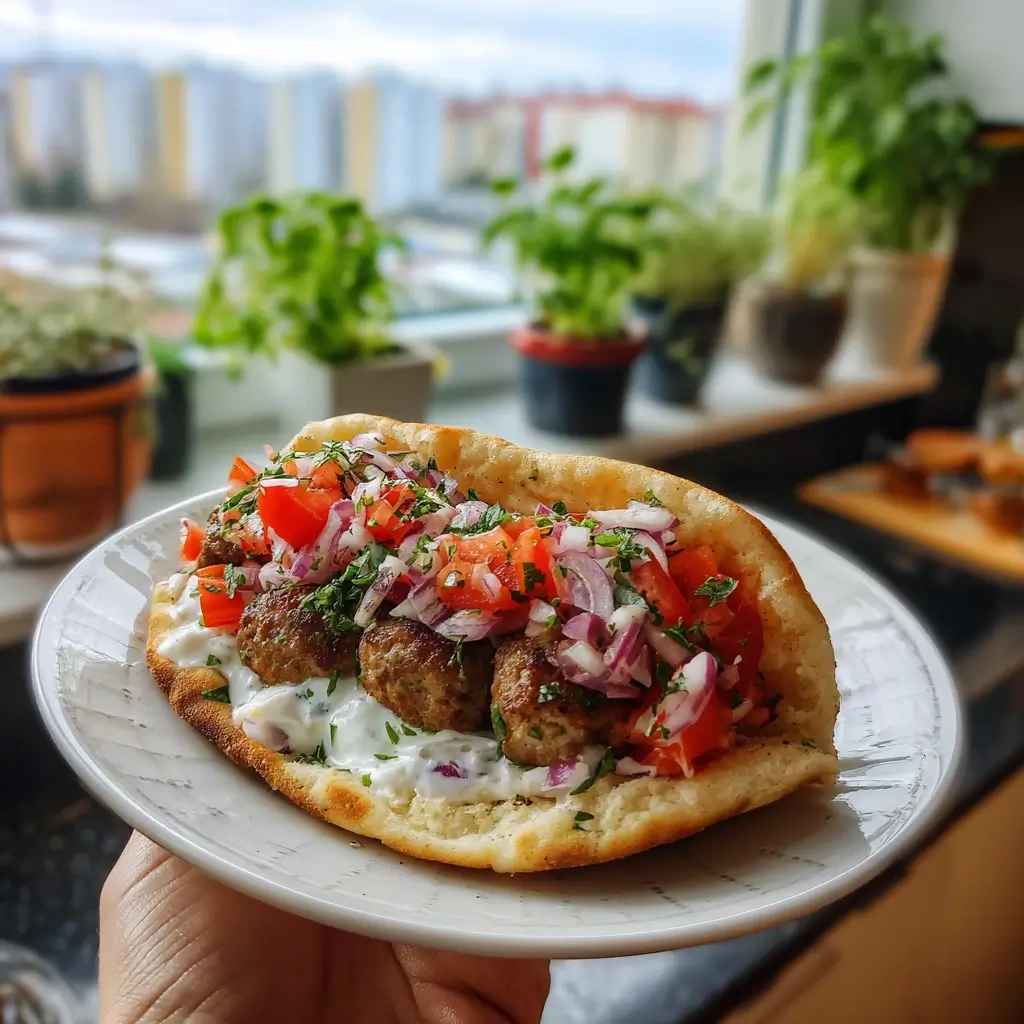 Cevapcici Rezept auf rustikalem Holzbrett mit Ajvar und Zwiebeln serviert