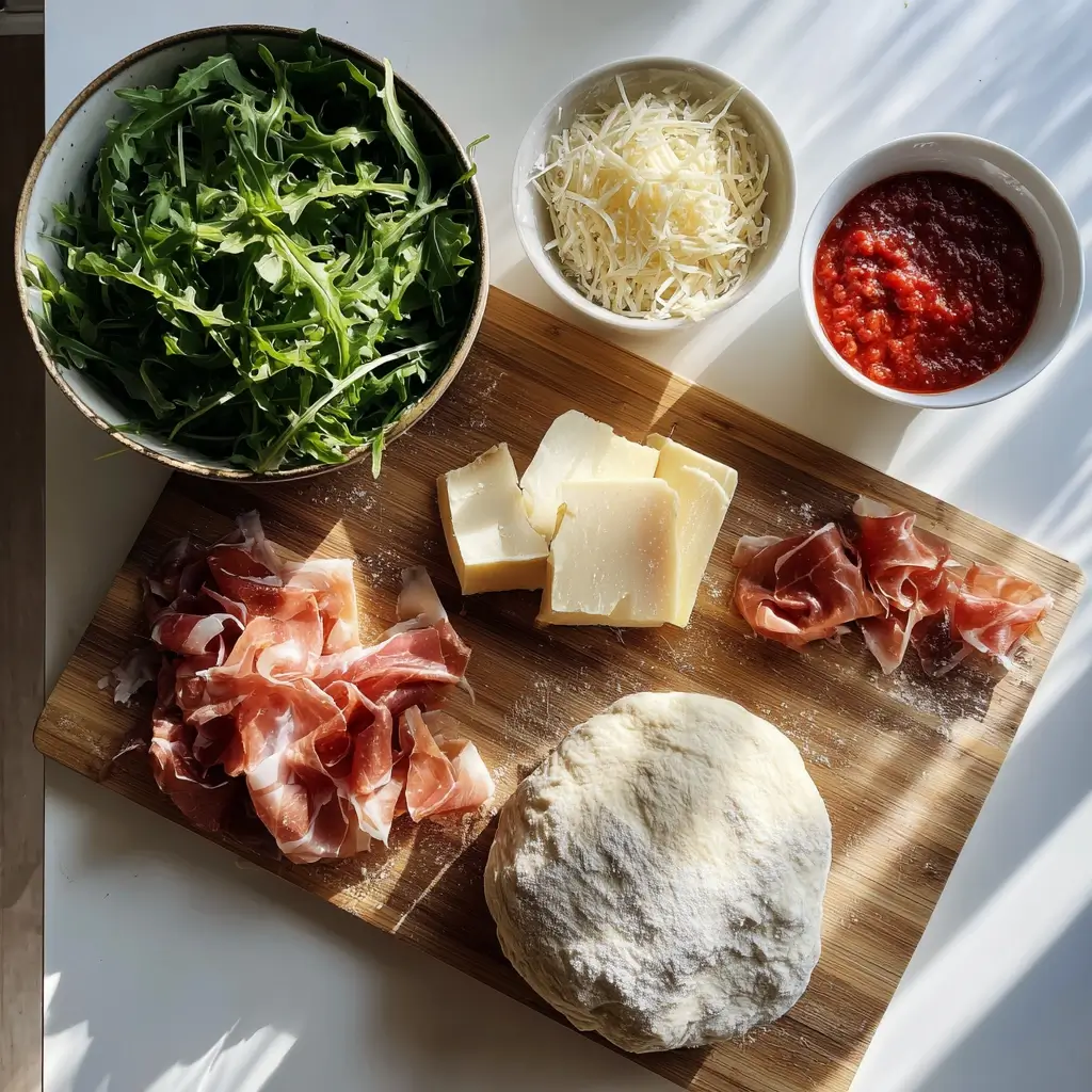 pizza parma Zutaten wie Rucola, Parmaschinken, Mozzarella und Tomatensoße