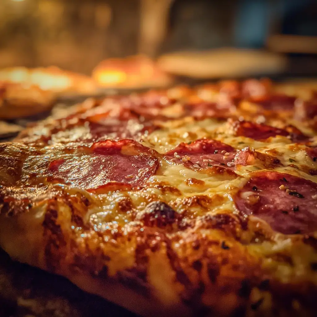 Pizza Milano im Ofen – goldener Rand und geschmolzener Käse im warmen Licht