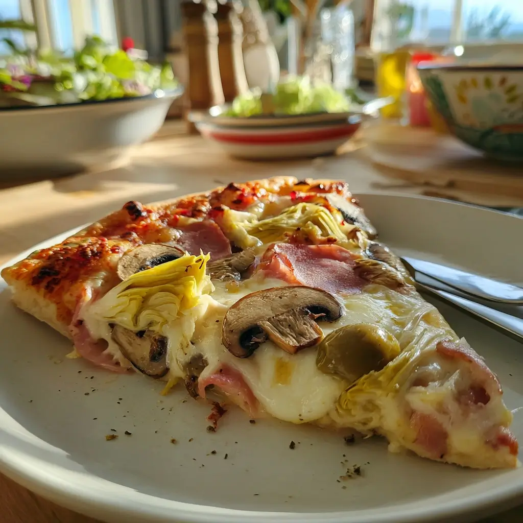 pizza capricciosa rezept authentische Pizza Capricciosa auf Holztisch mit sonnigem Küchenhintergrund