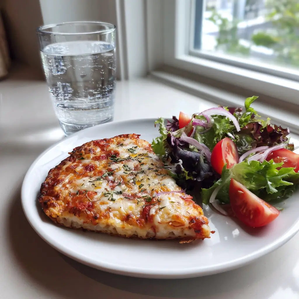 Ein Stück Low Carb Pizza auf Teller mit Salat und Wasser im hellen Tageslicht