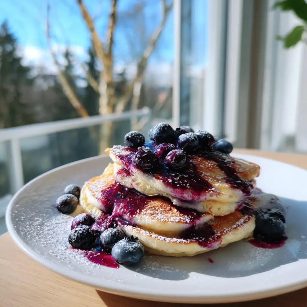 Fluffige Pfannkuchen Rezept mit goldbraunen Pancakes und frischer Blaubeersauce auf einem weißen Teller.