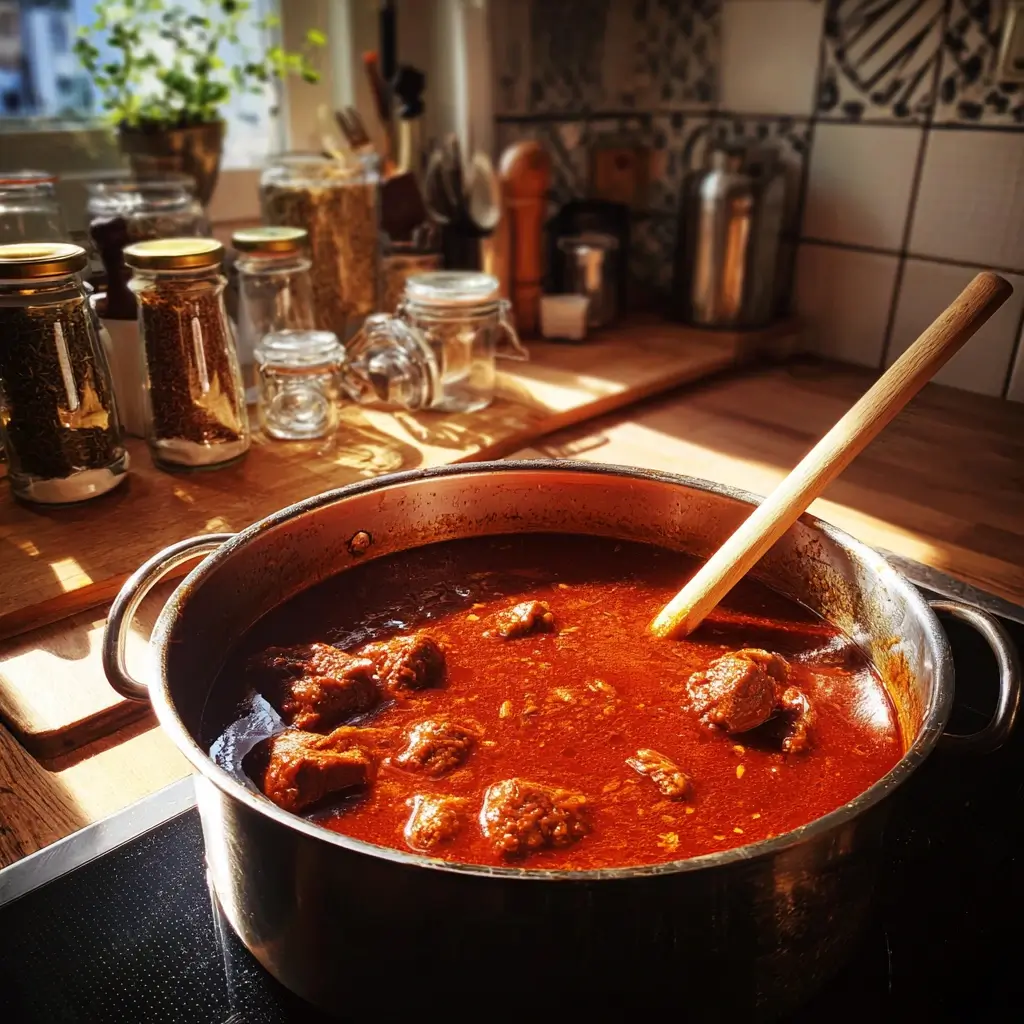 Rezept Gulasch köchelt langsam im Topf, dicke Paprikasoße mit zartem Fleisch
