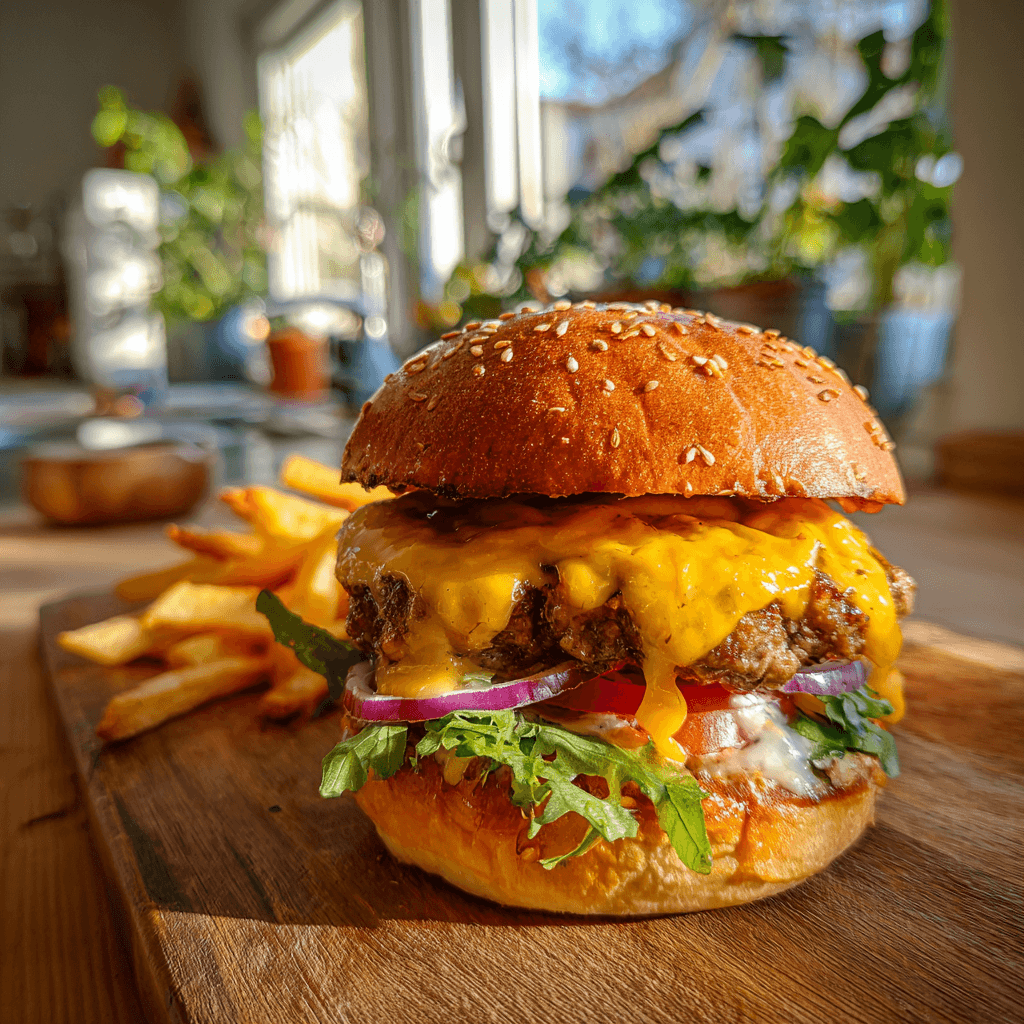 Smash Burger mit geschmolzenem Cheddar, Rindfleisch-Patty und Pommes auf Holzbrett.