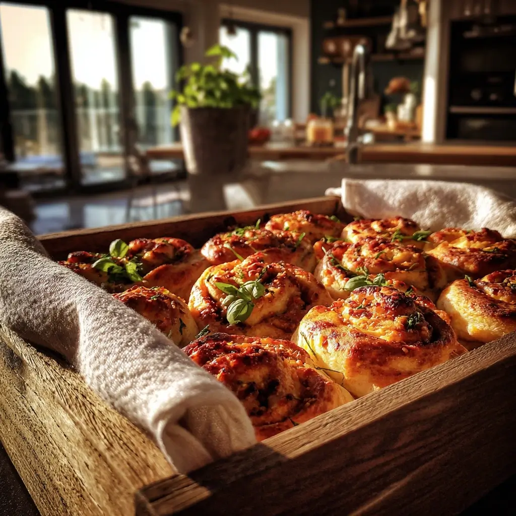 Frisch gebackene pizza schnecken im Holztablett auf Küchentisch mit Sonnenlicht im Hintergrund.