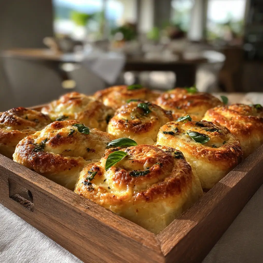 Frisch gebackene goldbraune pizza schnecken in einem rustikalen Holztablett mit Basilikumblättern.