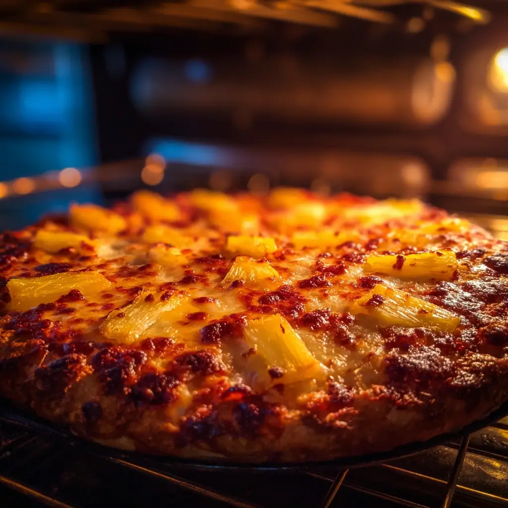 Pizza hawaii im Ofen, goldbraun gebacken mit karamellisierter Ananas und geschmolzenem Käse.