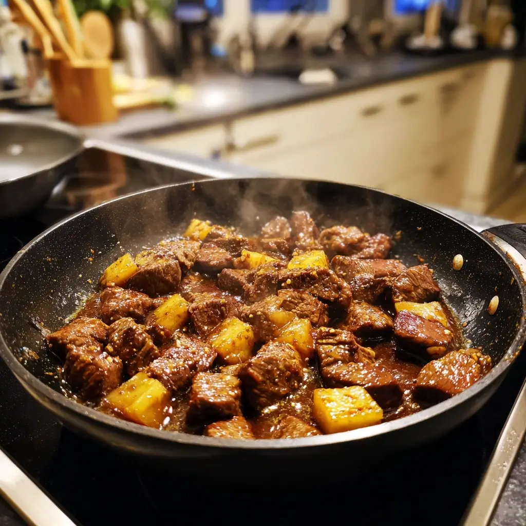 Gulasch Rezept mit angebratenem Rindfleisch in der Pfanne, saftige Fleischwürfel mit Röstaromen, Vorbereitung für Gulasch Sauce.
