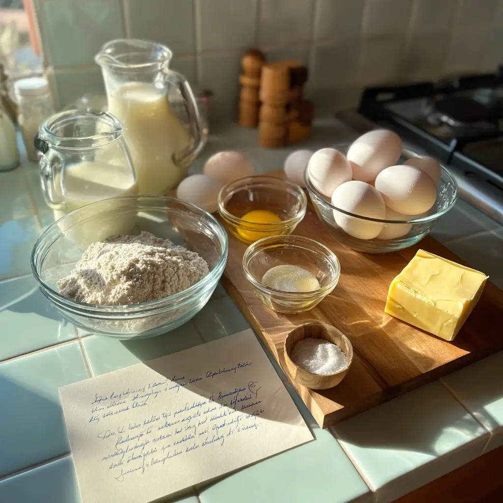 Zutaten für ein sehr gutes pfannkuchen rezept mit Mehl, Milch, Eiern und Butter auf einem hellen Küchentisch.