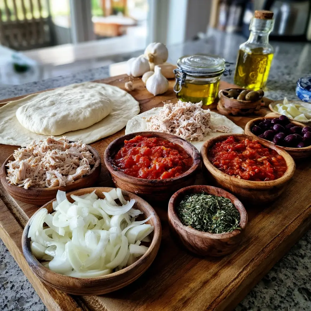 Zutaten für thunfisch pizza auf rustikalem Holztisch mit Käse, Zwiebeln und Oliven