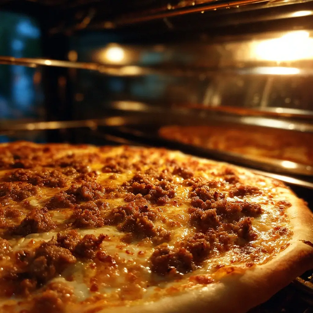 Türkische pizza backt im heißen Ofen mit goldbraunem Boden und saftigem Belag.