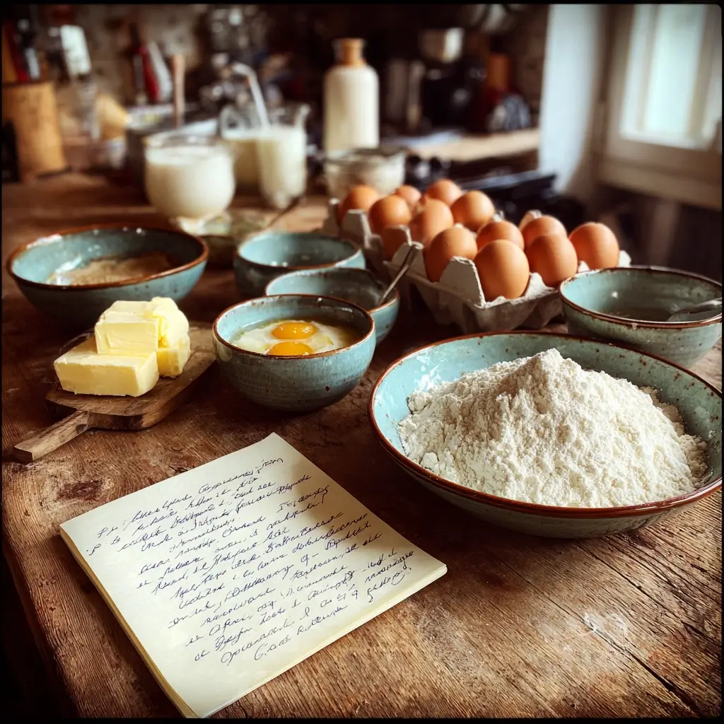 Pfannkuchen Rezept Oma Zutaten – Mehl, Eier, Milch, Salz und Butter auf einem Holztisch liebevoll arrangiert.