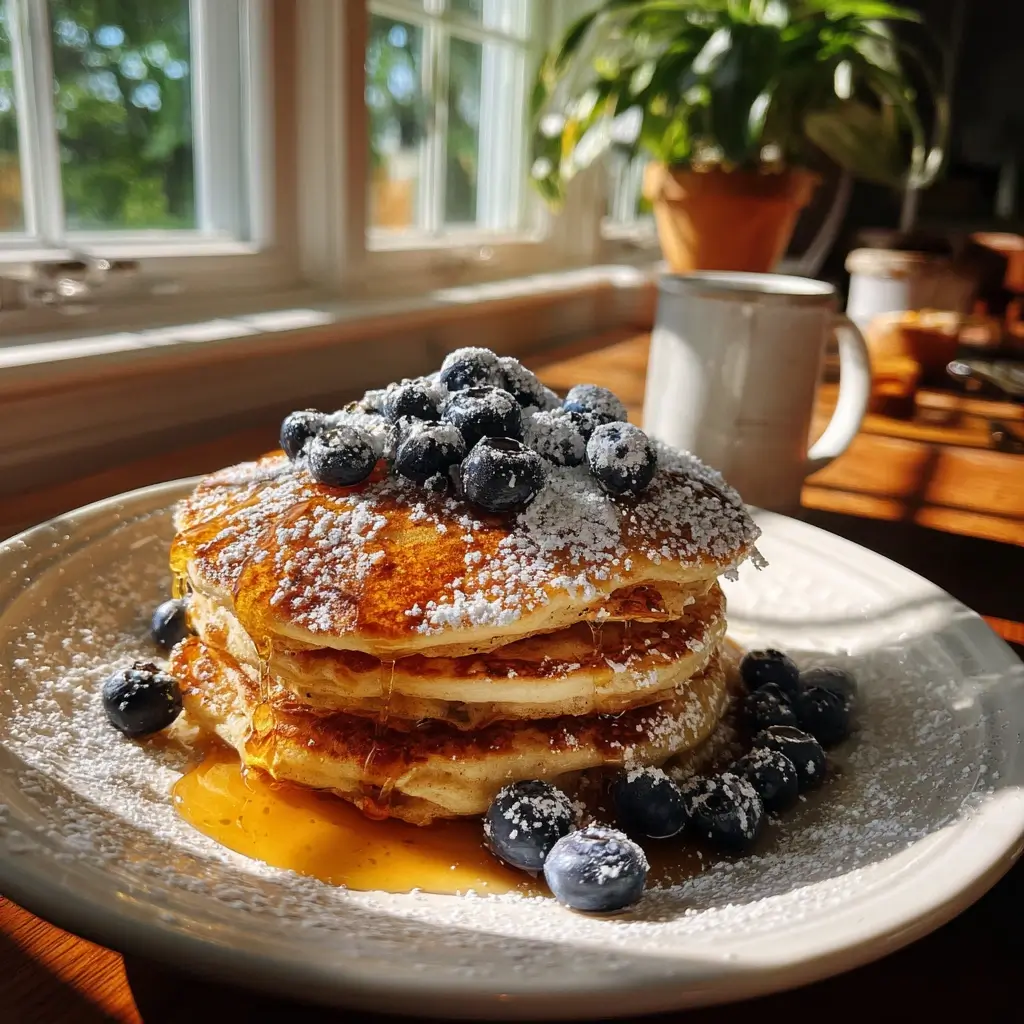 Goldbraune Pfannkuchen aus einem sehr gutes pfannkuchen rezept, gestapelt auf einem weißen Teller mit frischen Blaubeeren, Puderzucker und Honig vor einem sonnigen Küchenfenster.