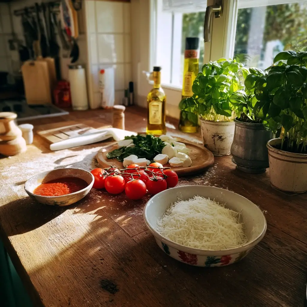 Zutaten für Pizza Margherita: Mehl, Tomaten, Mozzarella, Basilikum und Olivenöl für ein authentisches pizza rezept.