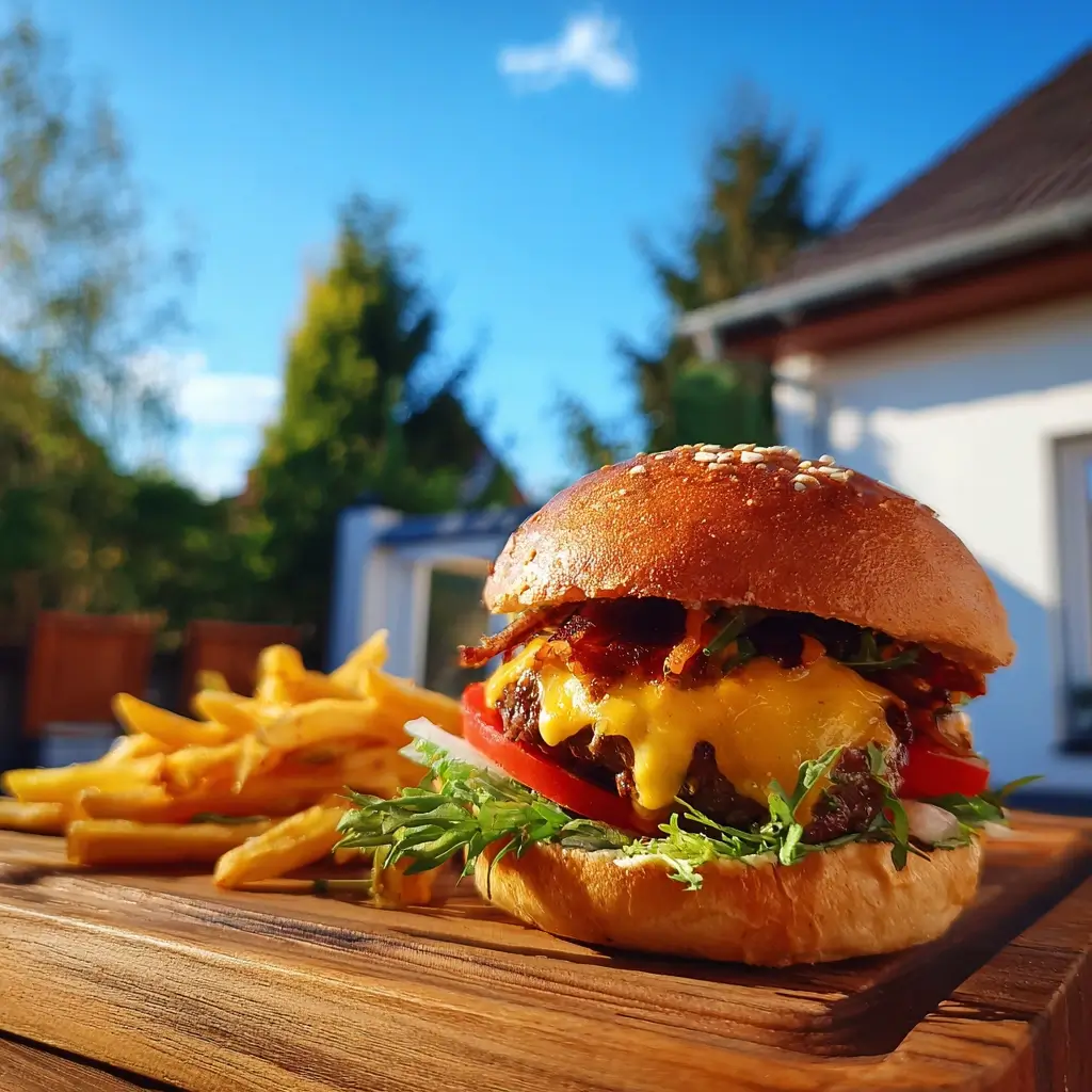 Burger Rezept – Detailaufnahme eines saftigen Homemade Burgers mit geschmolzenem Cheddar und Brioche Bun auf dunklem Hintergrund