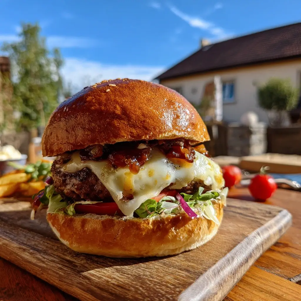 Burger Rezept – Saftiger Homemade Burger mit geschmolzenem Cheddar auf Holzbrett mit knusprigen Pommes