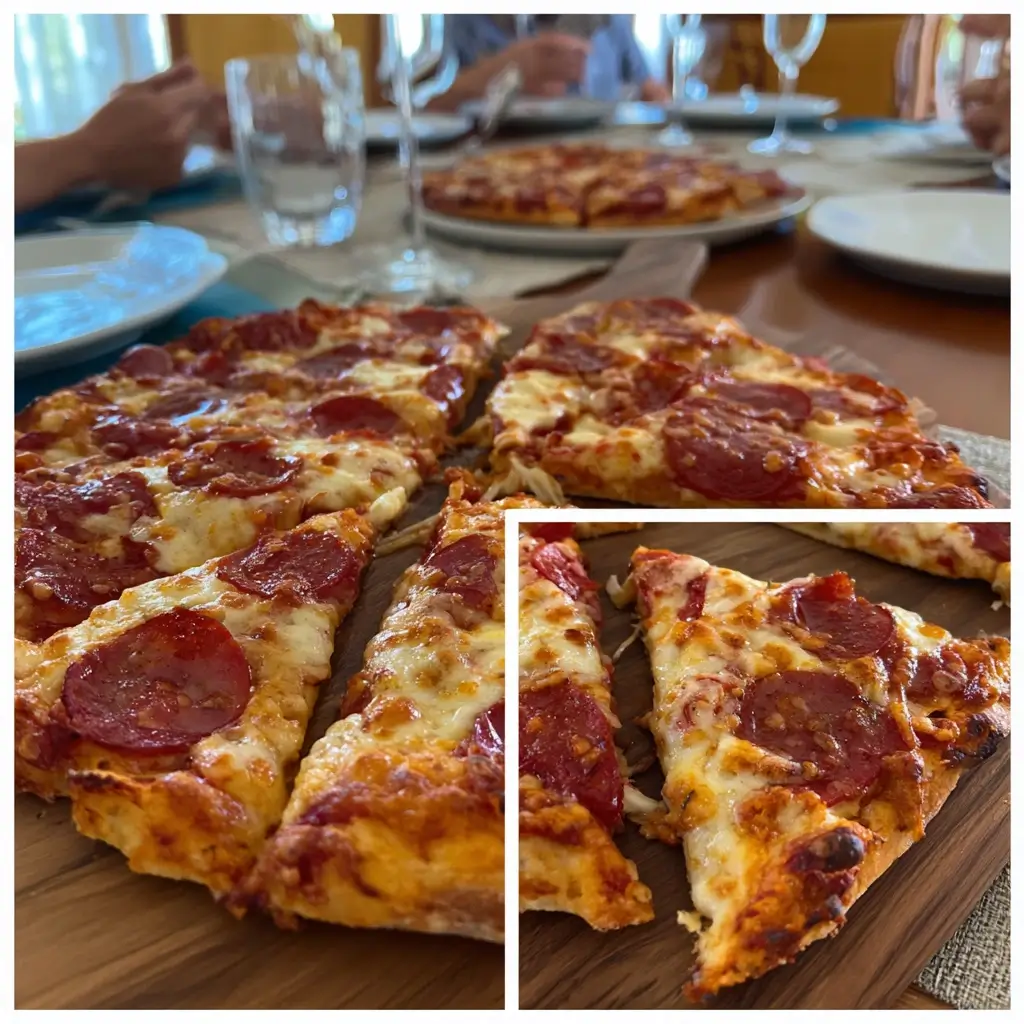 Servierte pizza salami in Stücke geschnitten auf Holzbrett, bereit zum Teilen am Familientisch.