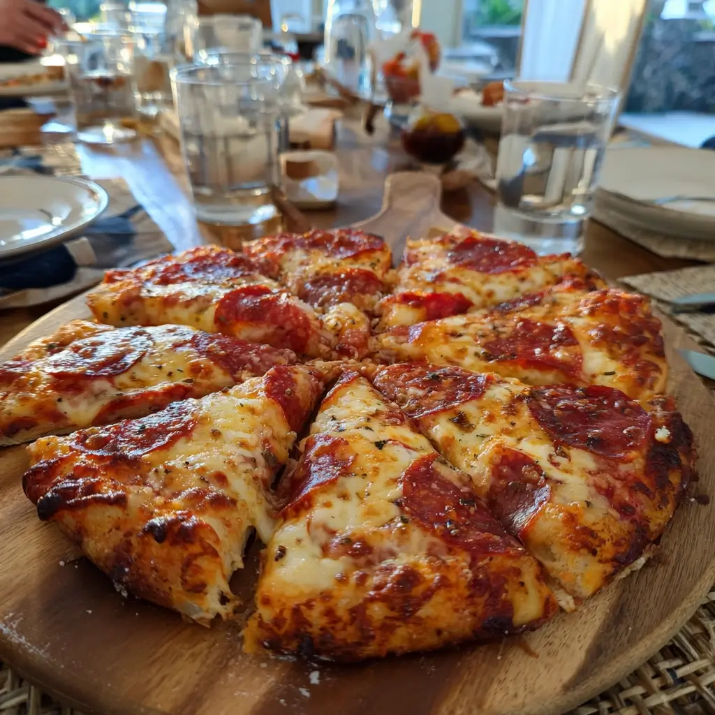 Frisch gebackene pizza salami auf Holzbrett mit geschmolzenem Käse und goldbraunem Rand