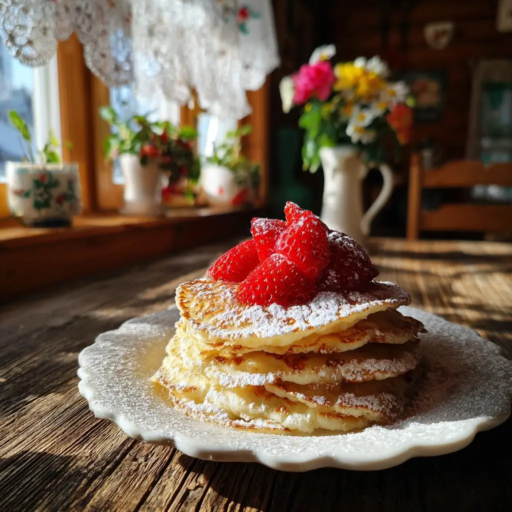 Pfannkuchen Rezept Oma – Fluffige goldene Pfannkuchen mit Puderzucker und frischen Erdbeeren auf rustikalem Holztisch.