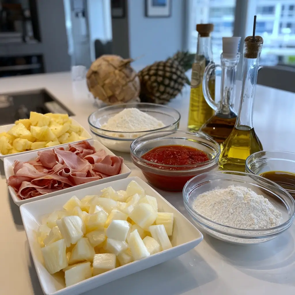 Zutaten für pizza hawaii: Ananasstücke, Mozzarella, Schinken, Tomatensauce, Mehl und Olivenöl auf heller Arbeitsfläche.