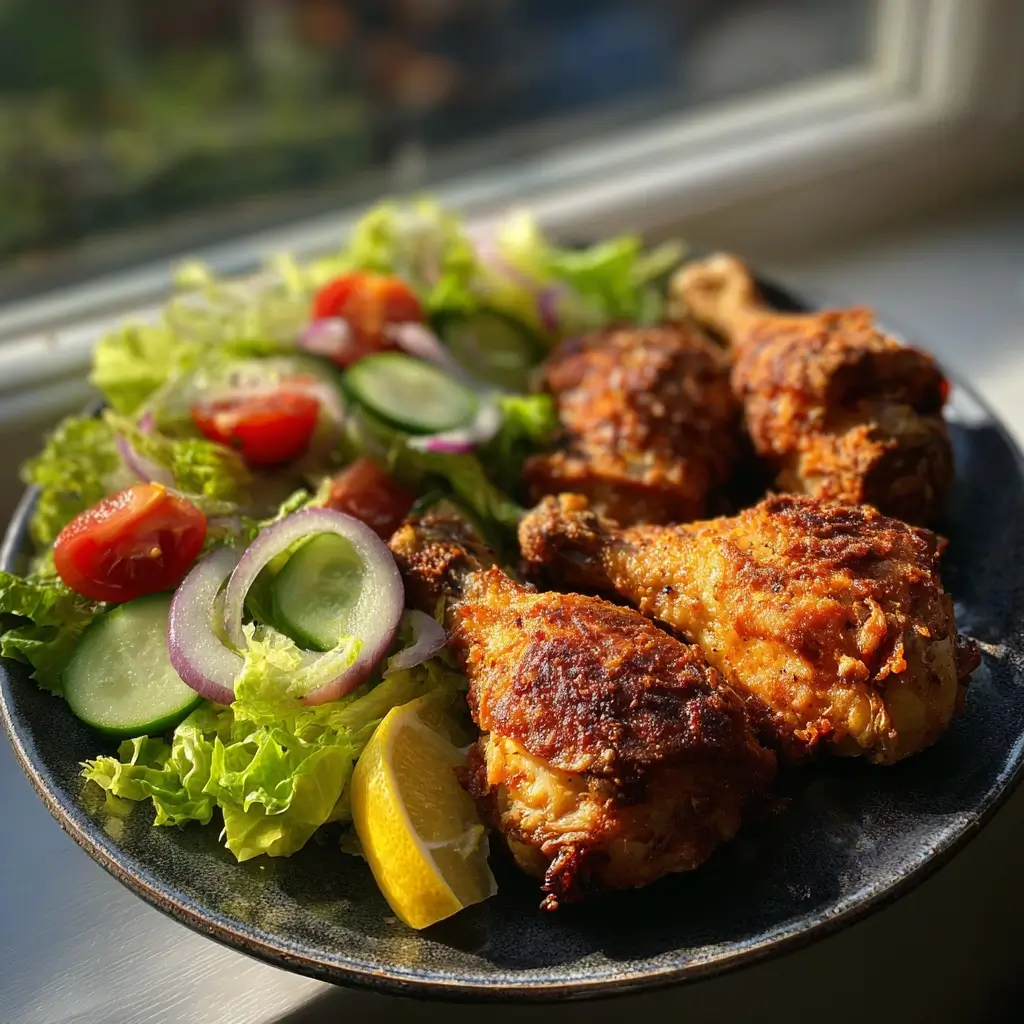 Airfryer-Hähnchenschenkel mit grünem Salat serviert – rezepte airfryer
