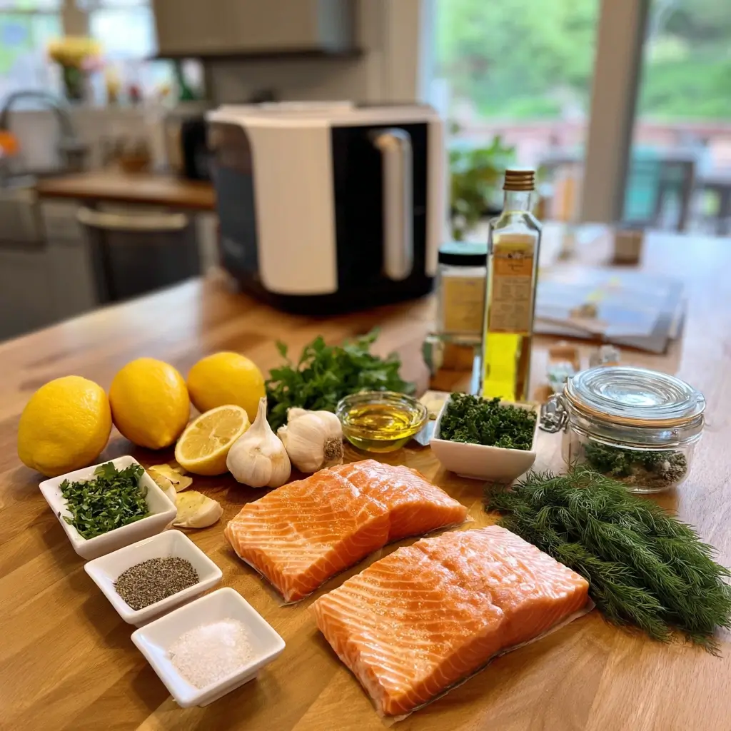 Rezepte für Airfryer Zutaten: frisches Lachsfilet, Zitrone, Dill, Olivenöl, Knoblauch und Gewürze auf Holzbrett.