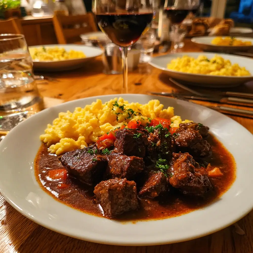 Gulasch Rezept mit zartem Rindfleisch und sämiger Sauce, serviert mit Spätzle auf einem weißen Teller, dekoriert mit frischer Petersilie.