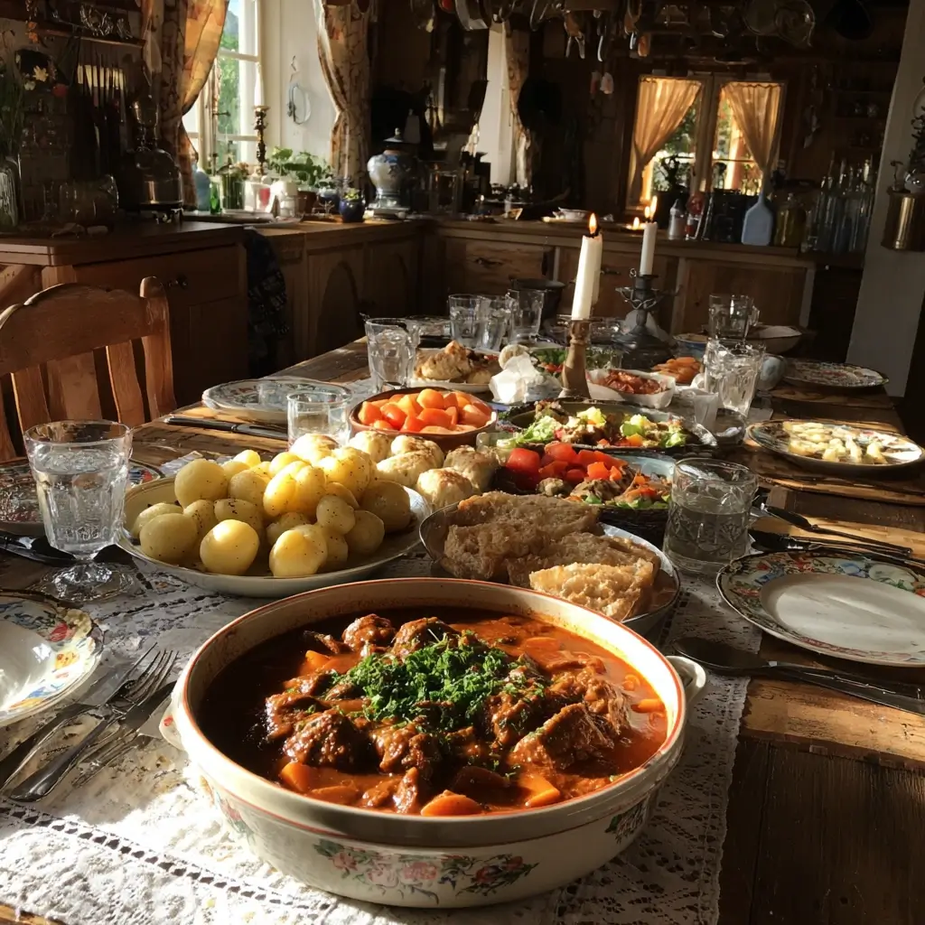 Klassische Beilagen zum Szegediner Gulasch Rezept Original – Kartoffeln, Semmelknödel und Brot auf einem Teller.